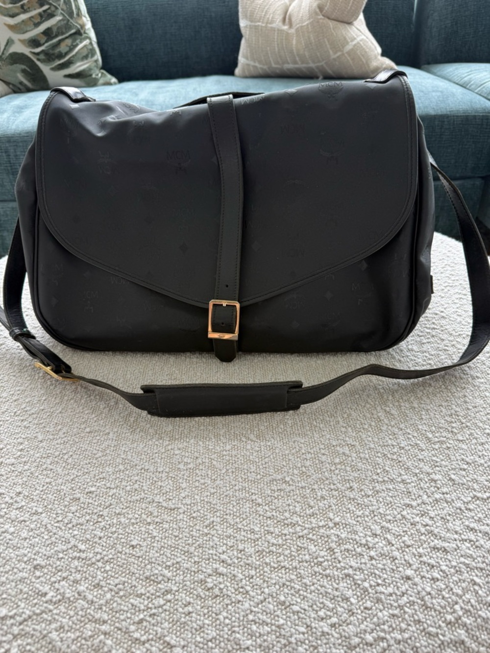 MCM Black Visetos Nylon Messenger Bag with Gold Buckle